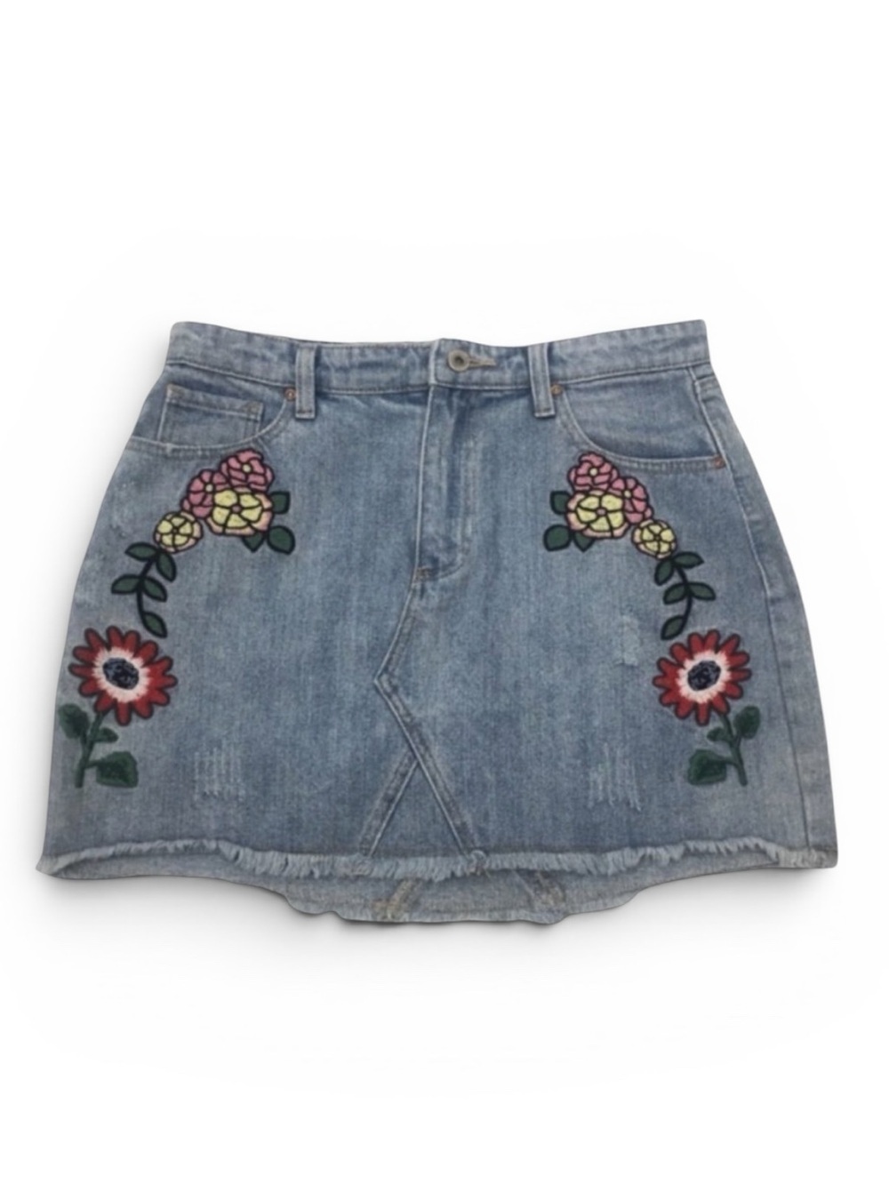 Vestique Floral Daisy Embroidered Denim Skirt